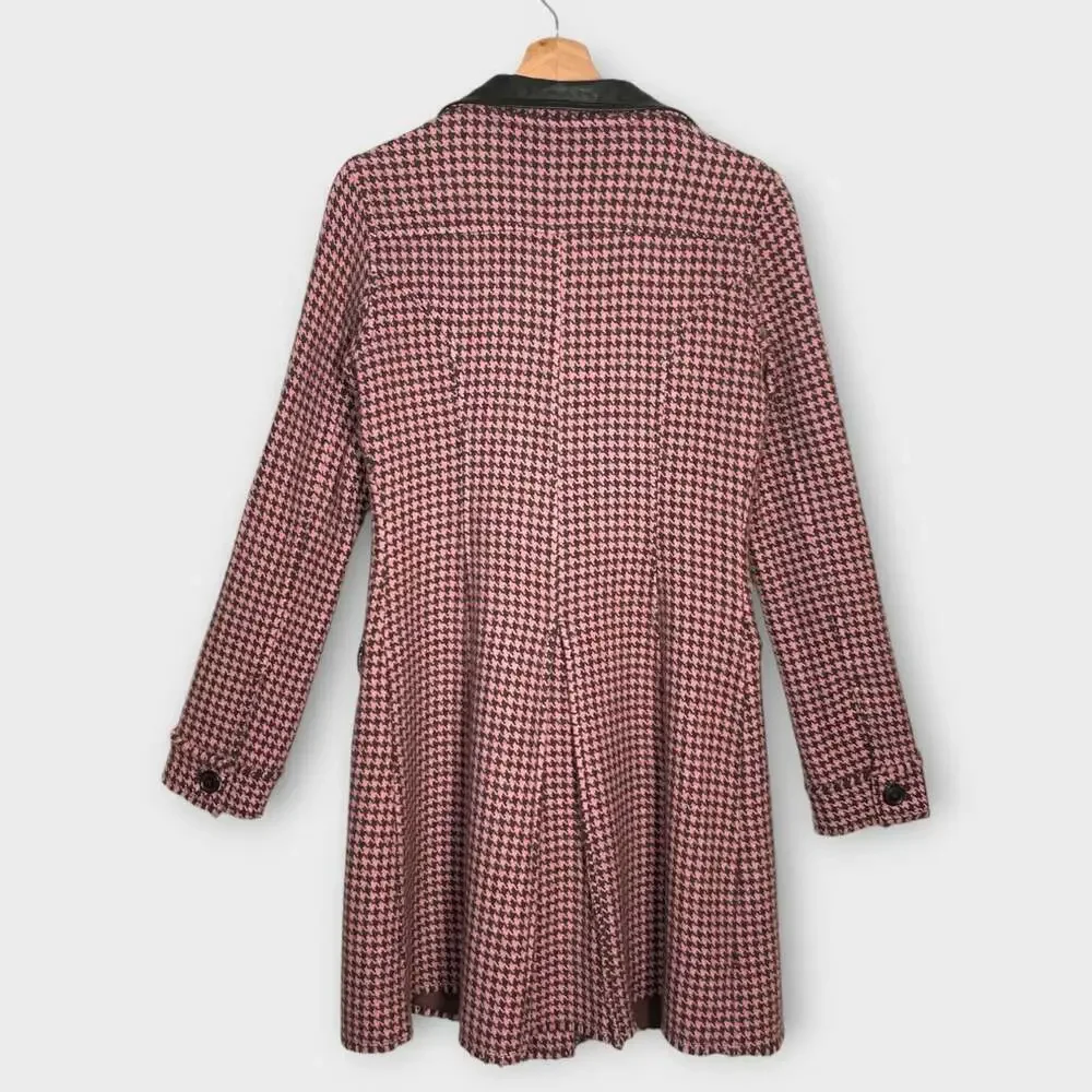 Free People Houndstooth Coat M Wool Blend Leather Trim Preppy Old Money Classic
